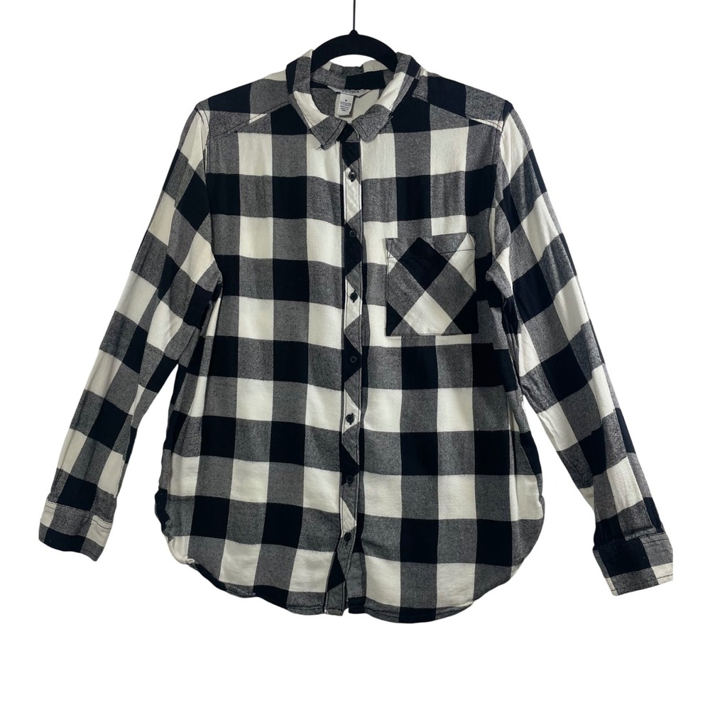 Arizona Jean‎ Co Women Black White Buffalo Check Flannel Shirt Button Down M